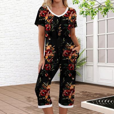 2 Pcs/Set Women Top And Pants Suit Summer Pajamas Set Flower Printing Trousers Sleepwear V Neck Short Sleeve T-shirt Homewear Casual Clothes