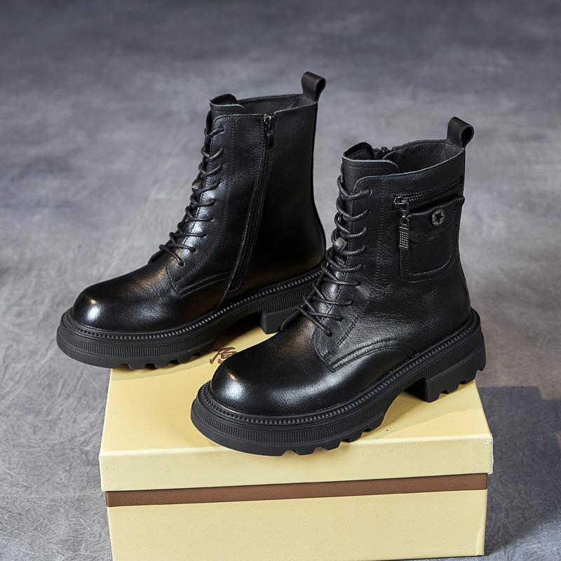 The first layer of cowhide Martin boots for women's 2025 autumn and winter new retro leather velvet medium tube British style women's boots for women