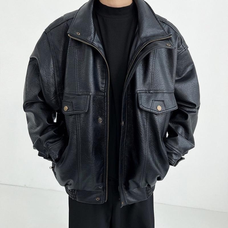 Retro Motorcycle Jacket Men's Handsome Short Casual Spring and Autumn High-end Loose Stand-collar Bomber Jacket