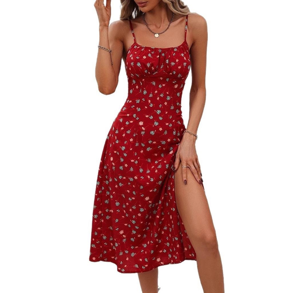 2026 summer new European and American printing suspender slit polka dot dress waist elegant women's clothing