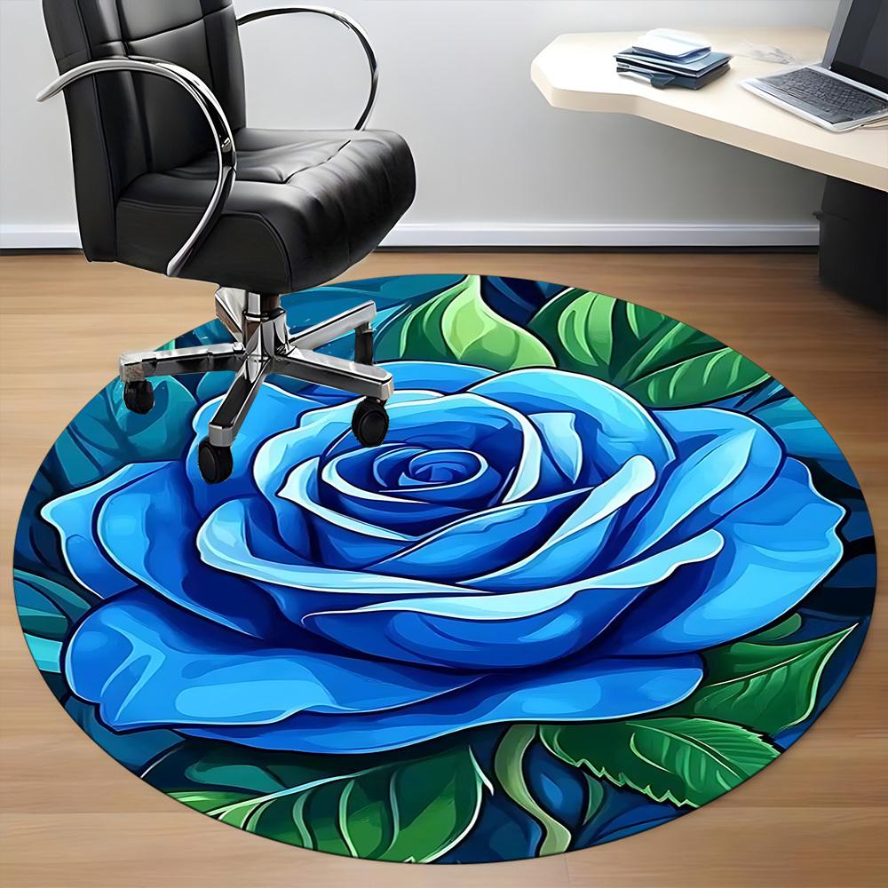 1pc Blue Rose Office Round Area Rug, Indoor Mat Suitable ForOffice, Under Office Chairs Bedroom Living Room Home Decor, Room Deco  D095