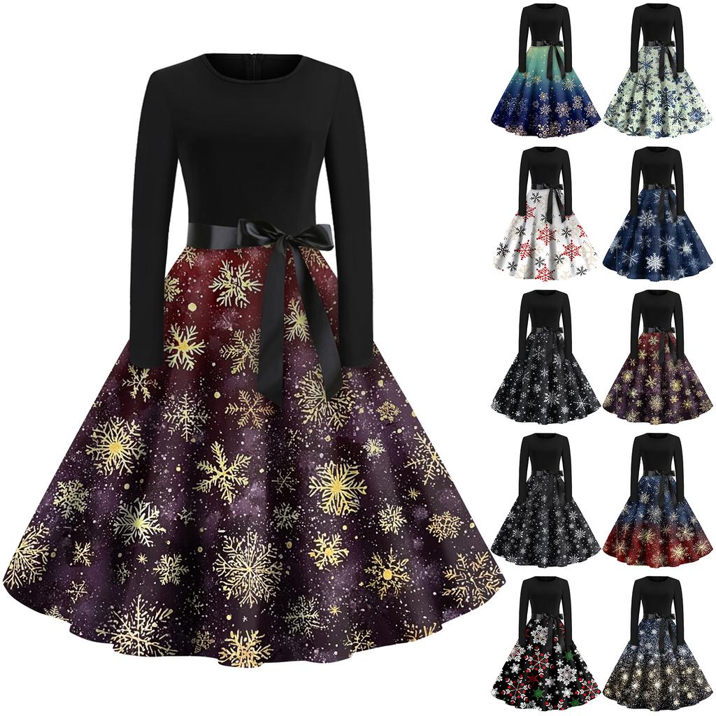 Christmas Print Flare Dress For Women Long Sleeve Dress Hollow Party Casual Dresses
