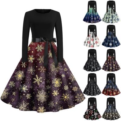 Christmas Print Flare Dress For Women Long Sleeve Dress Hollow Party Casual Dresses