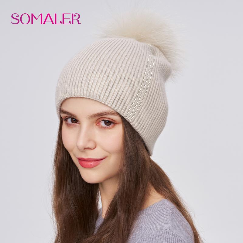 SOMALER Women Winter Fur Pom Pom Hat Wool Knit Beanie Hat With Rhinestone Warm Double Layer Luxury Fur Bobble Outdoor Cap