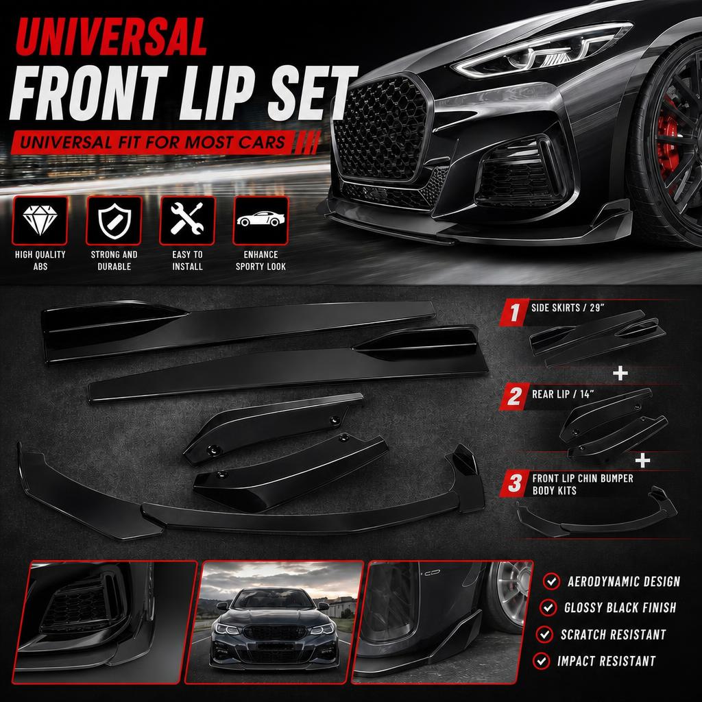  5 Piece Front Bumper Lip Splitter Kit For Car PP Black Front Spoiler Side Skirt Extension Racing Body Kit