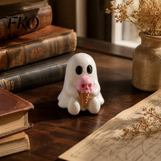 Niche Window Display Decor Halloween Mini Ghost Decorative Figurine, 3D Printed White Statue with Interesting Holiday Gift Ideas Pink Skull Ice Cream,
