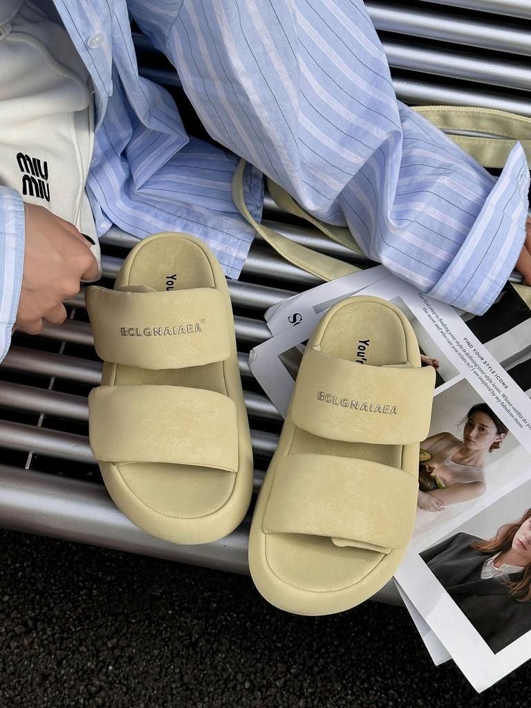 Sheepskin Version of One-word Slippers for Women's Summer Wear Velcro Thick-soled New Versatile Bread Cool Slippers