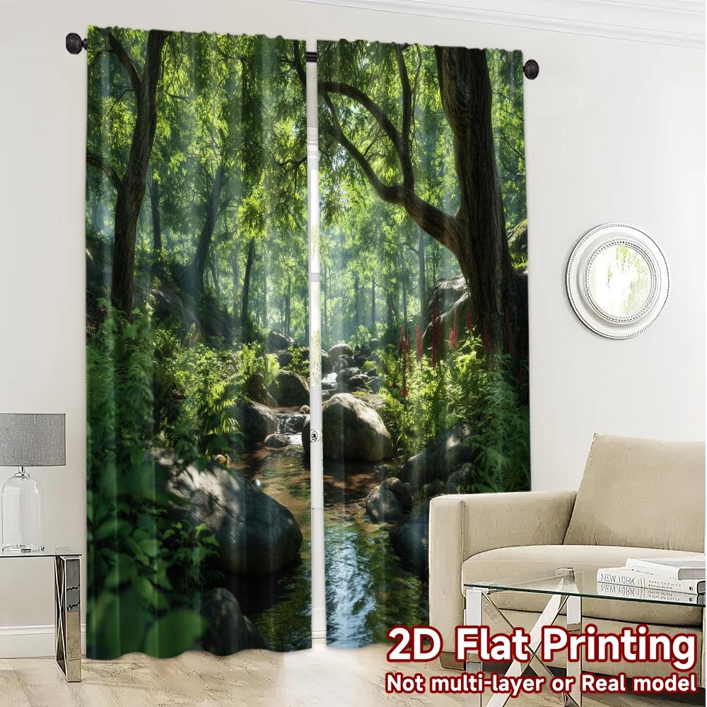 2pcs   2D FLAT PRINTING Curtains (Without Rod) Forest Stream Creative Popular Curtains Versatile 100% Polyester Curtains Thermal