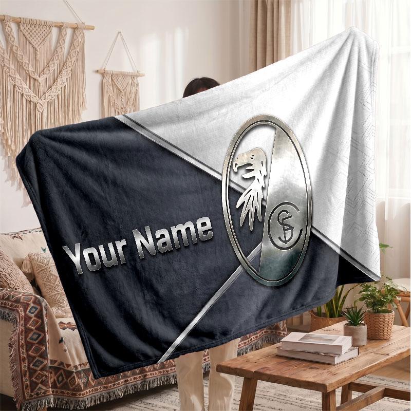 SC Freiburg Personalized Fleece Blanket With Football Logo, Custom Name Text Soft Warm Home Throw Blanket