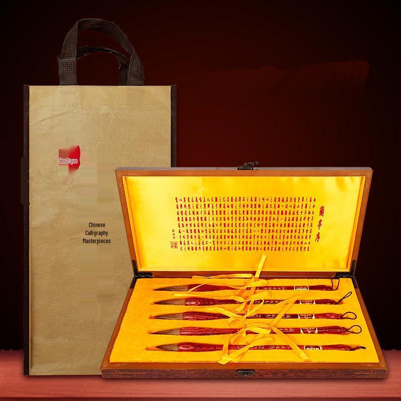 Ancient Style Chinese Wolf Hair Bristle Brush Set in Painted Wooden Gift Box Wolf Bristle