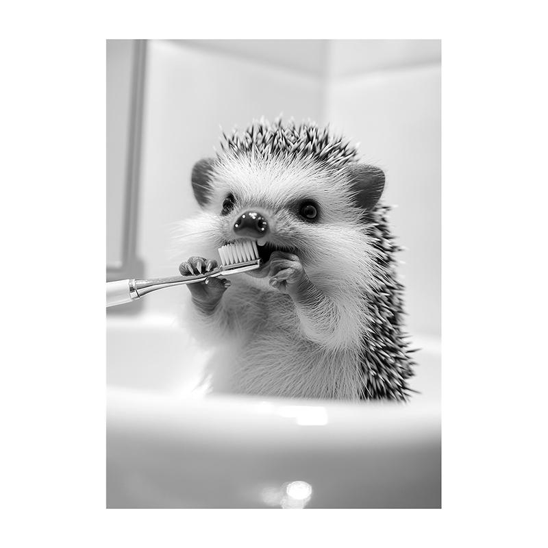 Black White Funny Bathroom Brushing Teeth Poster Vintage Style Animal Canvas Painting Print Wall Art Picture for Home Decoration