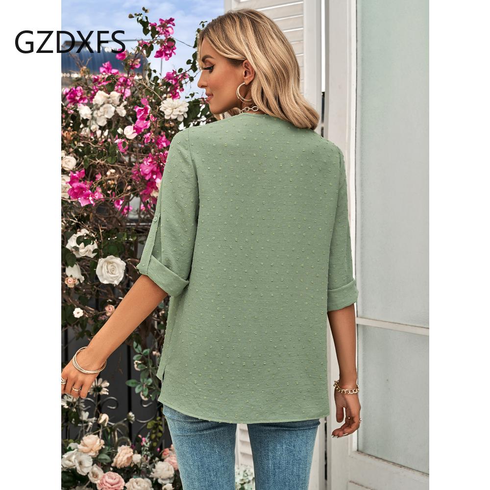 DX-Spring/Summer New Women's Fashion Solid Loose V-neck 3/4 Sleeve Top