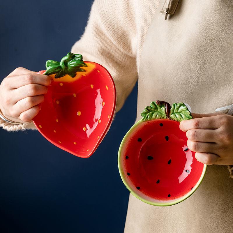 Ceramic Fruit Salad Bowl with Spoon Cartoon Vegetable Tableware Eating Rice Bowl Serving Strawberry Bowl Noodle Bowls 300ml