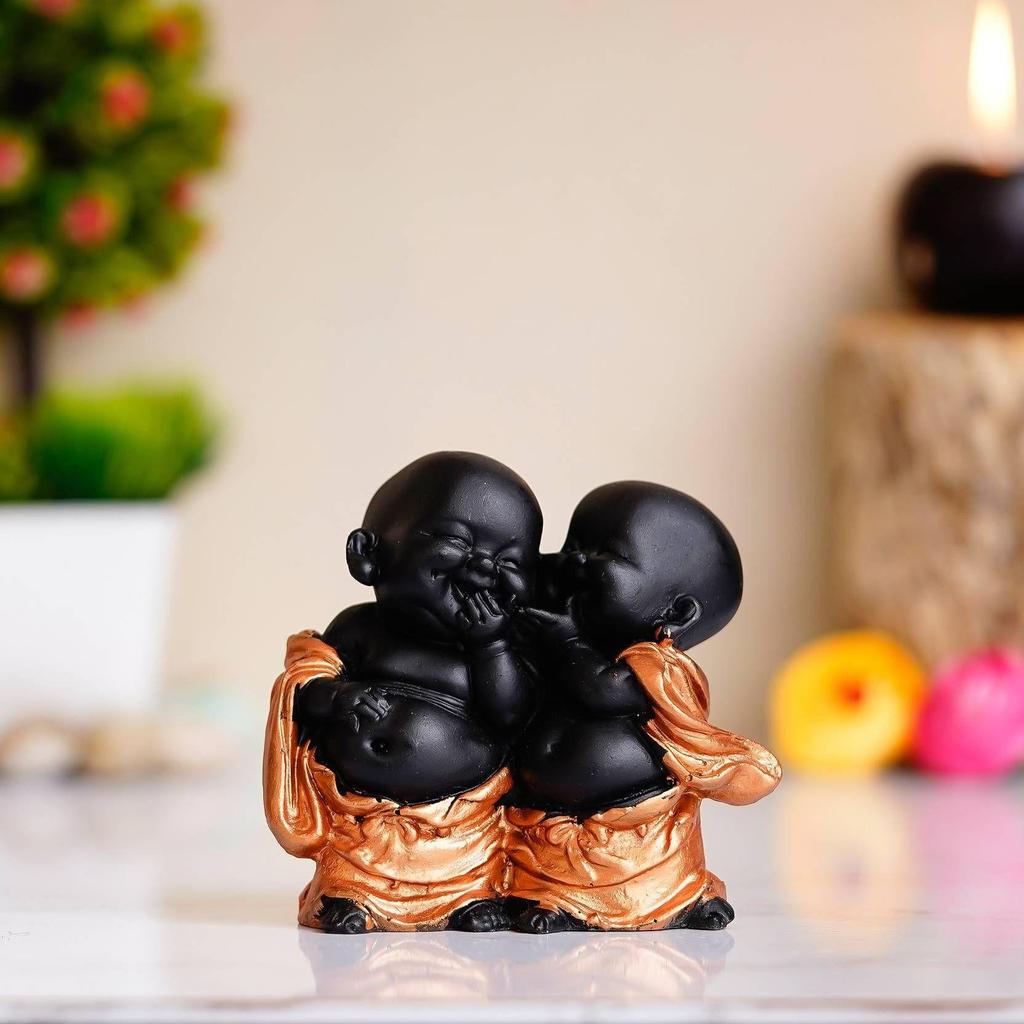Handcrafted Resine Little Laughing Buddha Showpiece for Home and office Decorative Showpiece - 11 cm  (Polyresin, Black)