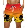 Neue Herren-Sport-Badeshorts, Kokospalmenmuster rot und pink, für lässige Strandurlaube, Kordelzug am Bund