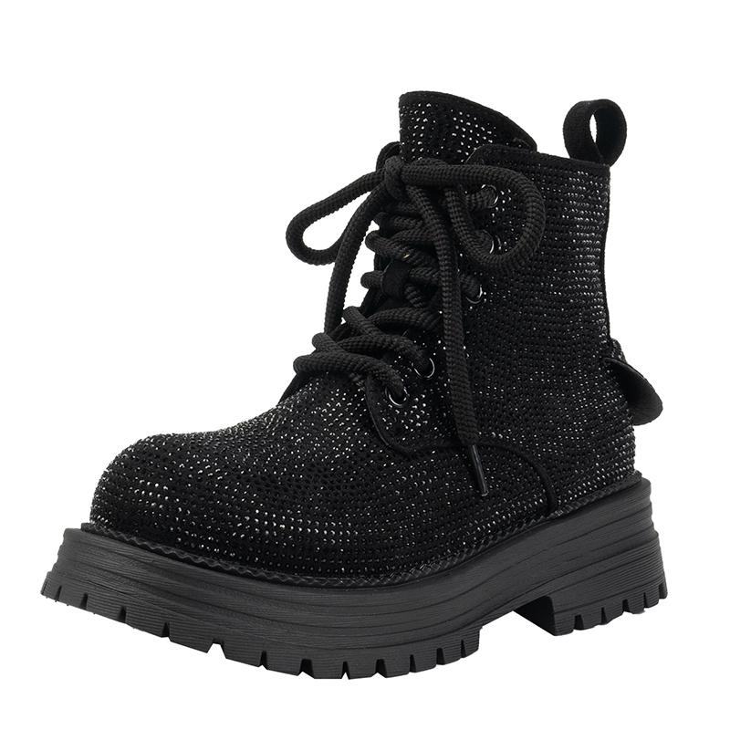 

Модная женская массивная обувь Осень Новые туфли с круглым носком из замши со стразами на переднем ремешке на толстой подошве Нескользящие короткие ботинки 40 чёрный