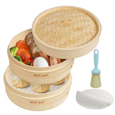 WISH SUN Bambudampare, 24 cm, 2-vånings set, Naturlig bambu, med lock och 50 dedikerade ark, Stor kapacitet, Perfekt för hemmadampning