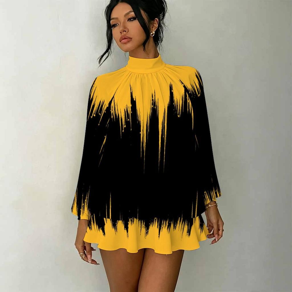 Women's 3D Gradient Brushstroke Print Mock Neck Long Sleeve Dress, Raglan Sleeve Fake Two Piece Mini Dress