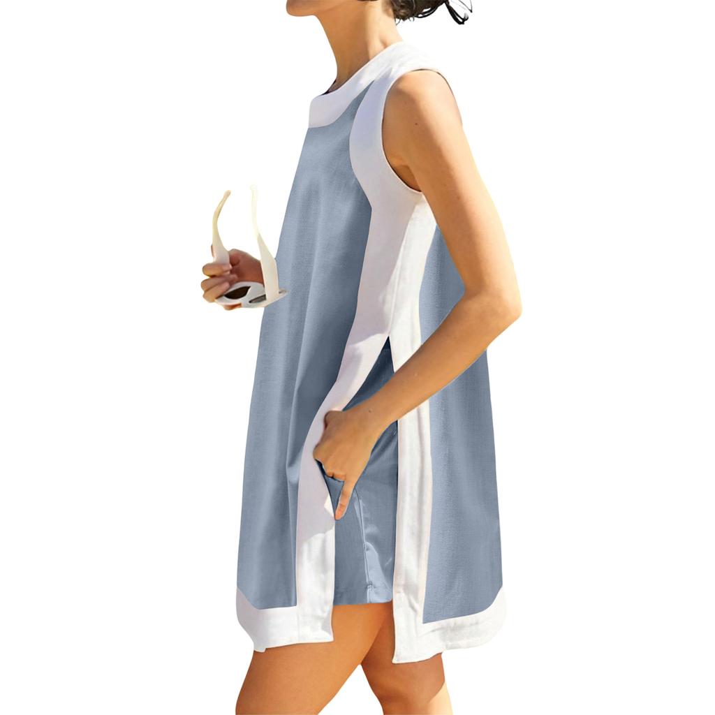 Women's Fashion Loose Sleeveless Short Skirt With Pockets And Shorts Two-Piece Set
