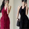 French Elegant Red Neck Suspender Dress Women's Summer New Spice Girl Sexy Backless Temperament Waist Long Dress