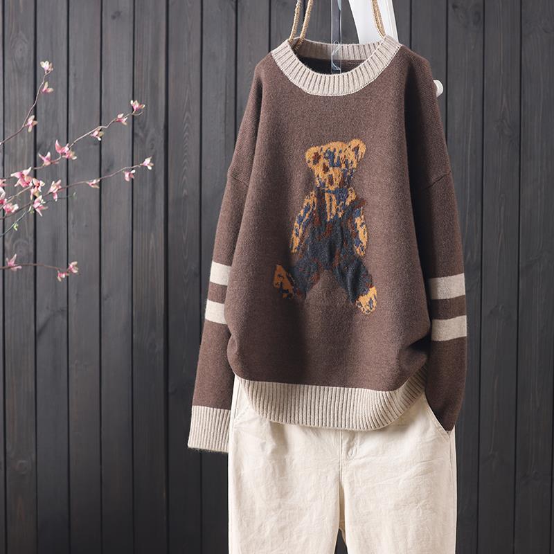 

Пуловер 2022, осенне-зимний универсальный новый жаккардовый трикотаж с героями мультфильмов, женский повседневный свободный милый свитер с круглым вырезом и длинными рукавами