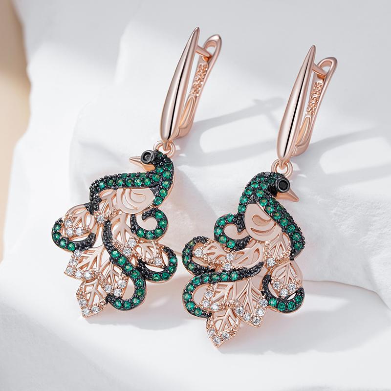 Green Natural Zircon Peacock Drop Earrings For Women  Rose Gold And Black Plating Vintage Animal Daily Punk Jewelry