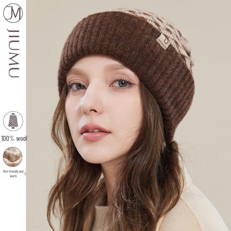 

JIUMU Women s Pure Wool Plaid Knitted Hat