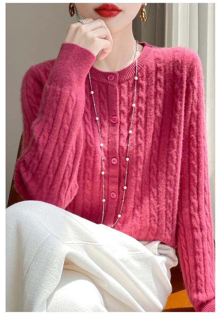 White Cable Knit Cardigan Coat - Women's Korean Slim Fit, Autumn Long Sleeve Sweater