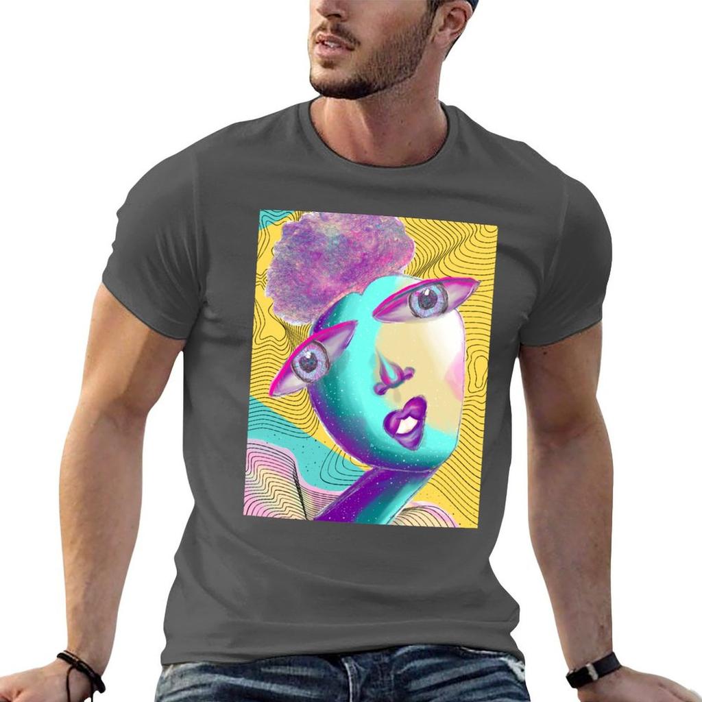 Afro Puff Abstract Figure On Yellow And Teal Background Tshirt Summer Print Short Sleeve Tee