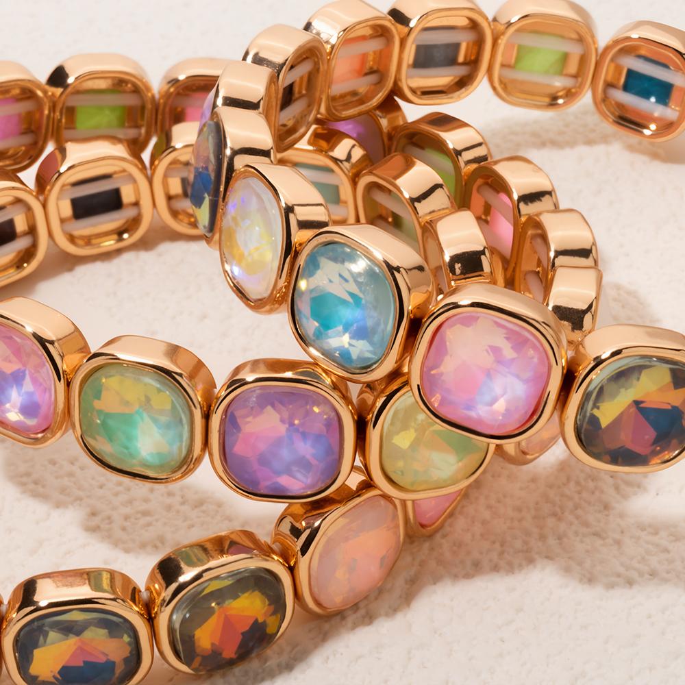 New Design Colorful 12mm Rhinestone Women Bracelet Enamel Gold Color Beads Boho Elastic Bangle