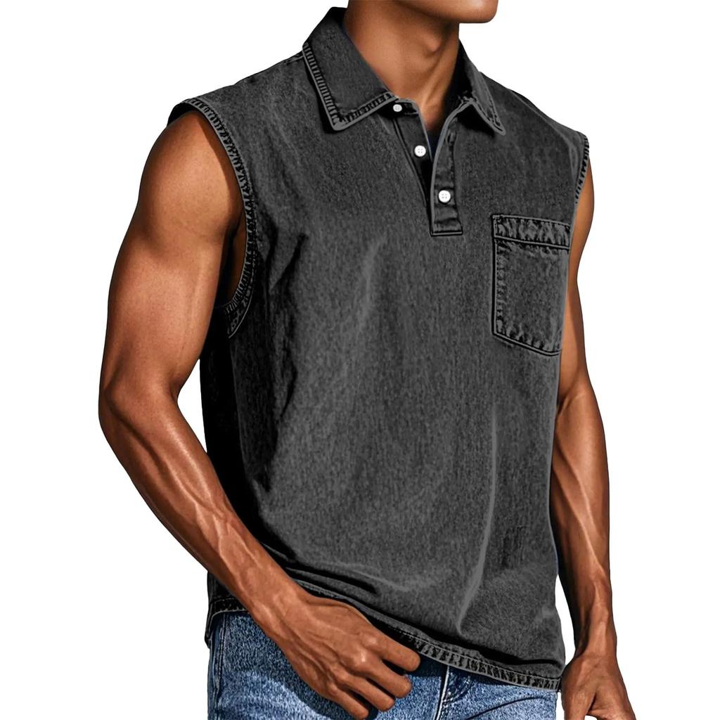 Men's Vintage Wash Sleeveless Polo Shirt Casual Denim Look Tank Top Button Down Vest Summer Beach Streetwear