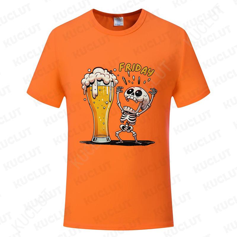 Fashion Men's T Shirt Skeleton Enjoying FRIDAY Beer Day Tees Funny Finally Friday for Drink Lover Male Clothes Short Sleeve Tops