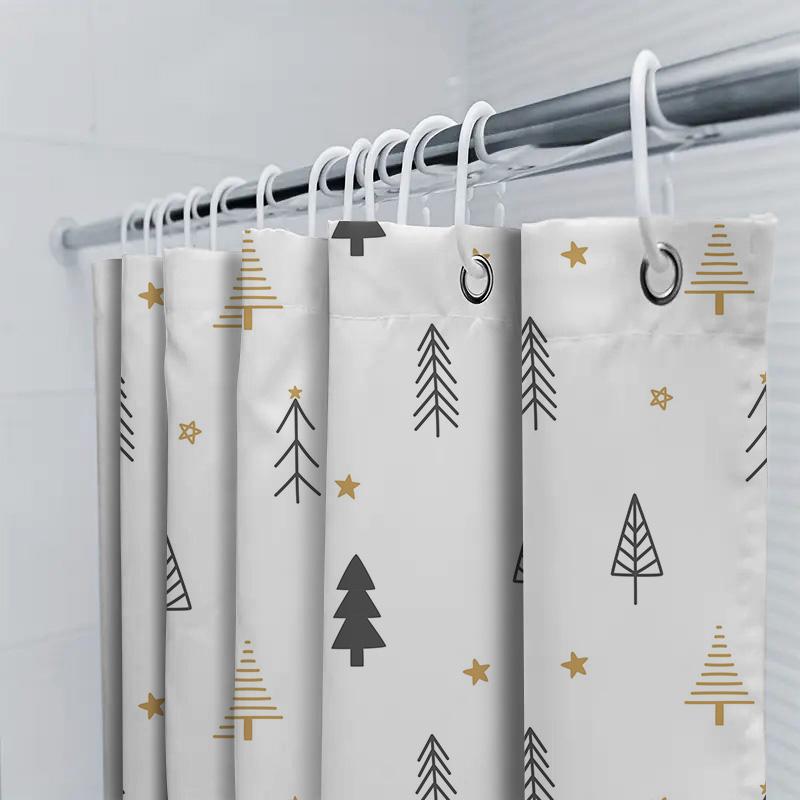 Gold Star Pine Tree Shower Curtain Christmas Bathroom Decor for Home Decoration Waterproof 180 x 240cm White