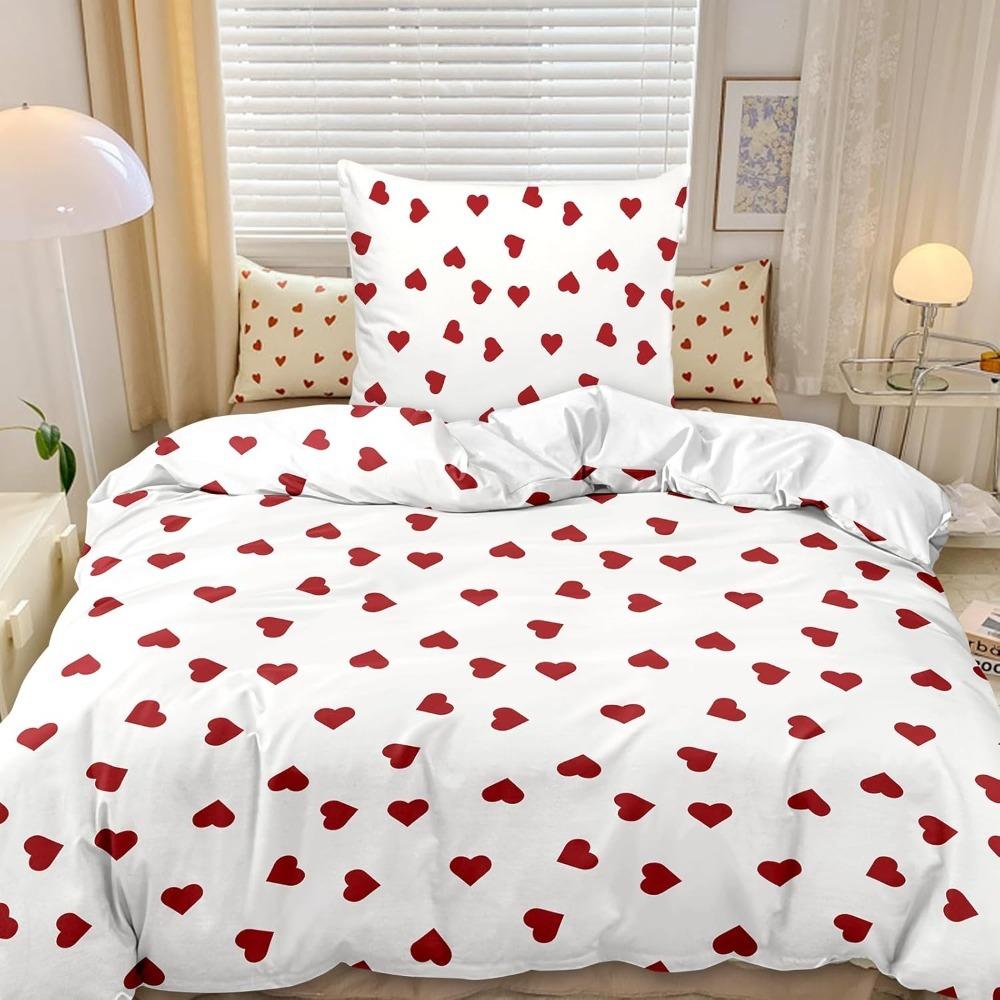 aesthetic heart-shaped pattern, Duvet Cover White red zipper ultra-fine fiber down duvet cover setsuitable for girls and women