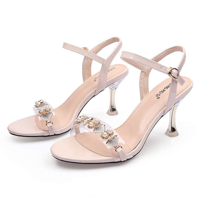 

One-word buckle with rhinestone open-toed sandals for women s summer wear 2025 new fashion soft leather French stilettos for women 41 бежевый