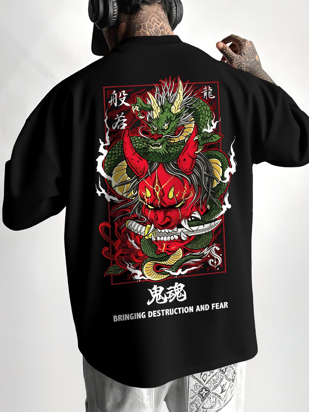 Trendy Loose Casual TShirt Featuring Crafted Heat Transfer Letters Combined Illustrated Prints Evoking Themes of Destruction S