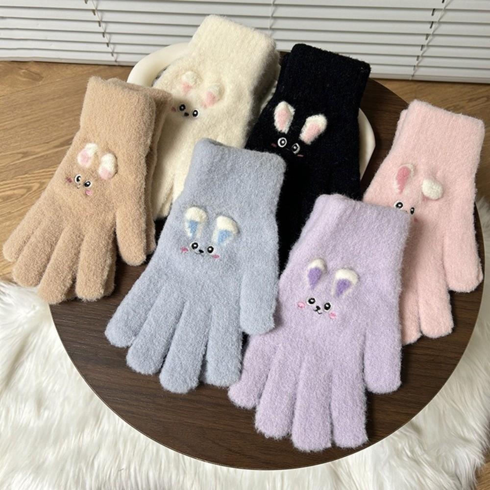 Rabbit Pattern Full Finger Embroidered Gloves Polyester Winter Warm Gloves For Students