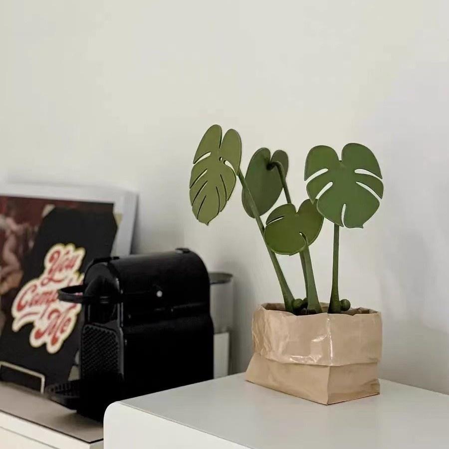 

3D Printed Monstera Leaf Coaster Set Magnetic Bamboo Tray Home Office Desk Decor Cute Artificial Plant Ornament Gift Idea