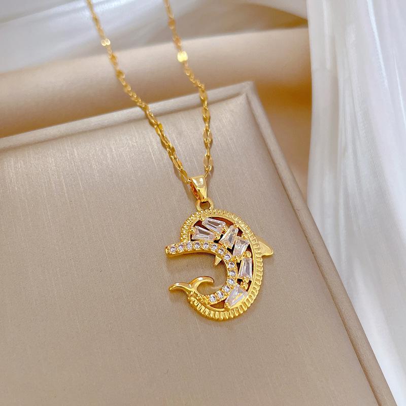 Titanium Steel Zircon Dolphin Light Luxury Banquet Wedding Necklace Female Versatile Clavicle Chain Titanium Steel Chain