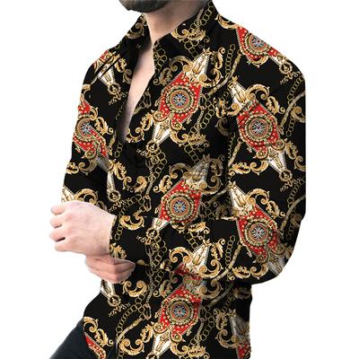 Men's 3D Printed Color-blocking Graphic Long-sleeved Breathable Slightly Elastic Button Shirt
