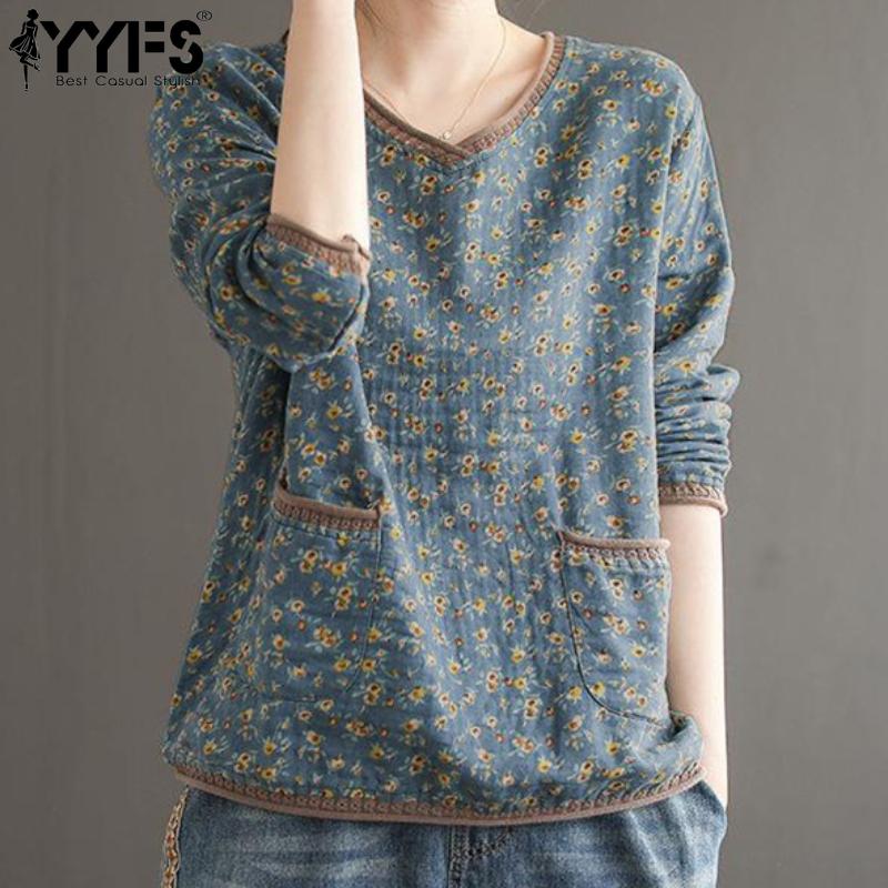 YYFS Women's Fashion Casual Spring Autumn Flower Pattern Print Long Sleeve V-Neck Blouses & Shirts