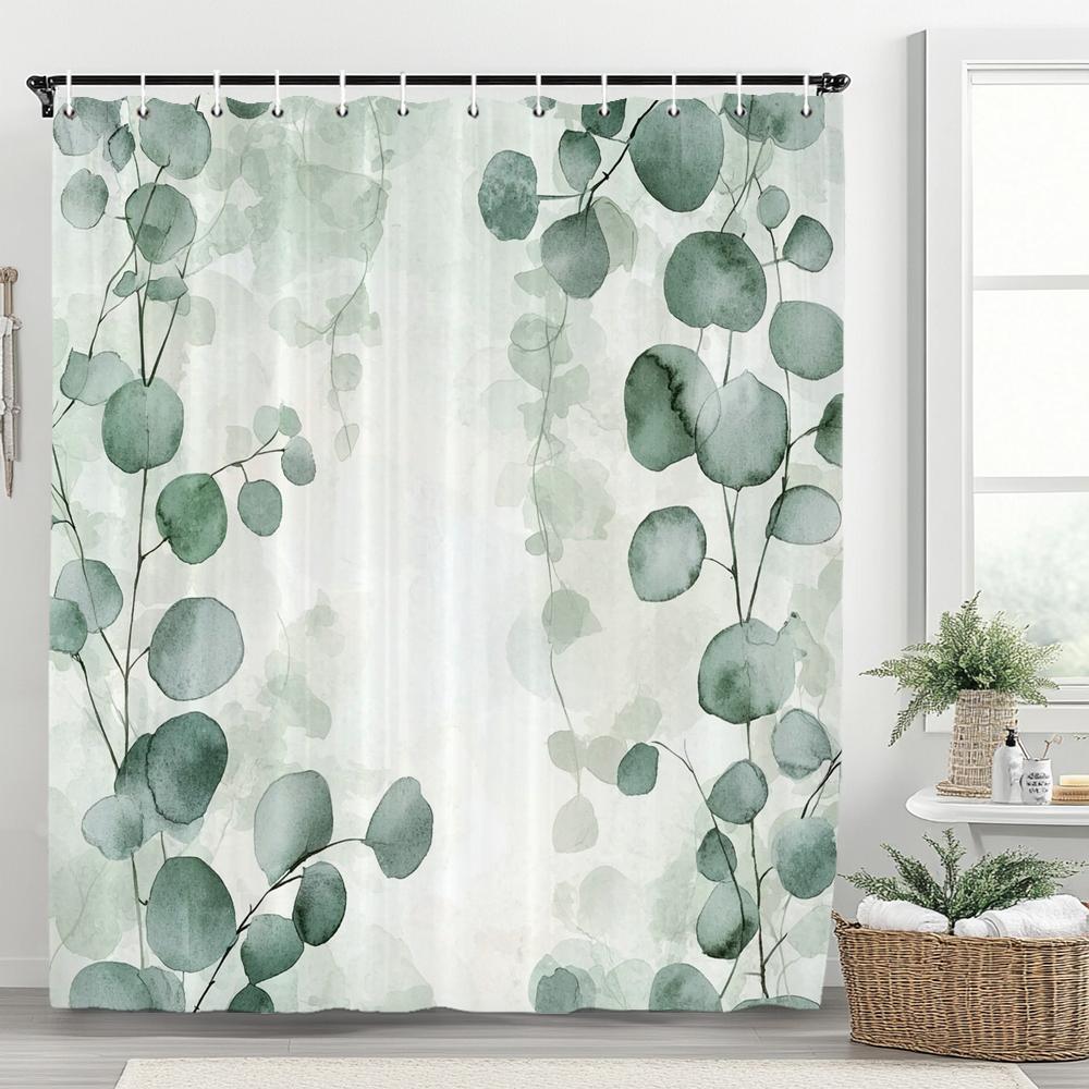 Green Leaf Shower Curtain, Plants and Eucalyptus Leaves Bathroom Decor, Waterproof Polyester Shower Curtain, Home Decor Curtain