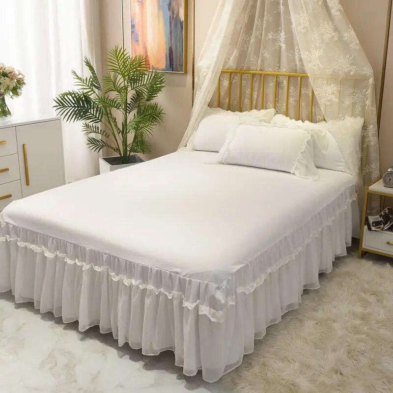 White Gauze Lace Lotus Leaf Lace Bed Skirts Princess Style Solid Color Bedspread Bed Cover Non-Slip Sheets For Girl Bed Cover