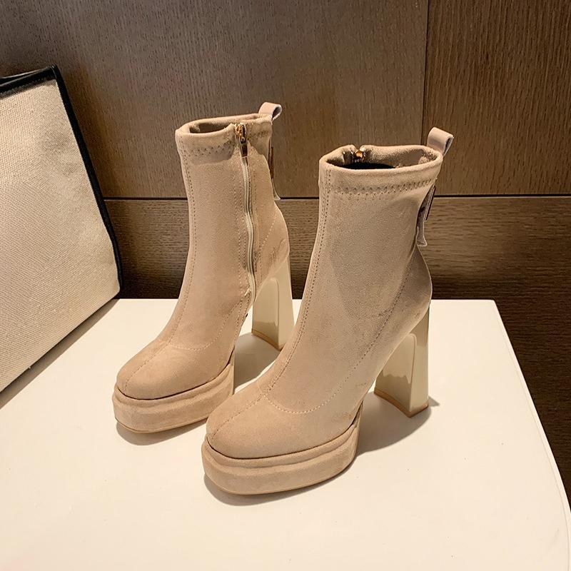 Fashion Women's Platform Cow Suede Booties Fall New Square Toe Rear Zipper Anti-Slip Wear-Resistant High Heels