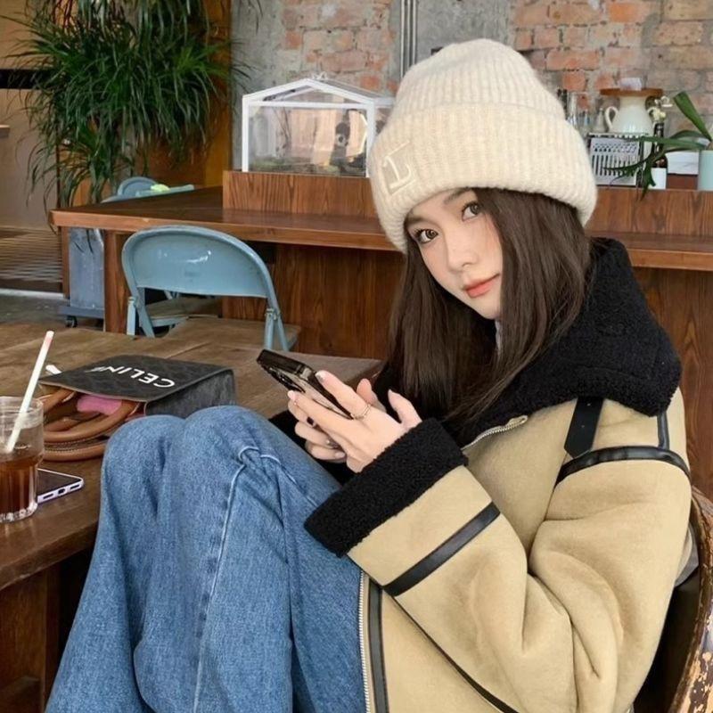 Hat women's winter new big head knitted loose face warm thickened knitted cold hat ear protectors stacked wool hat