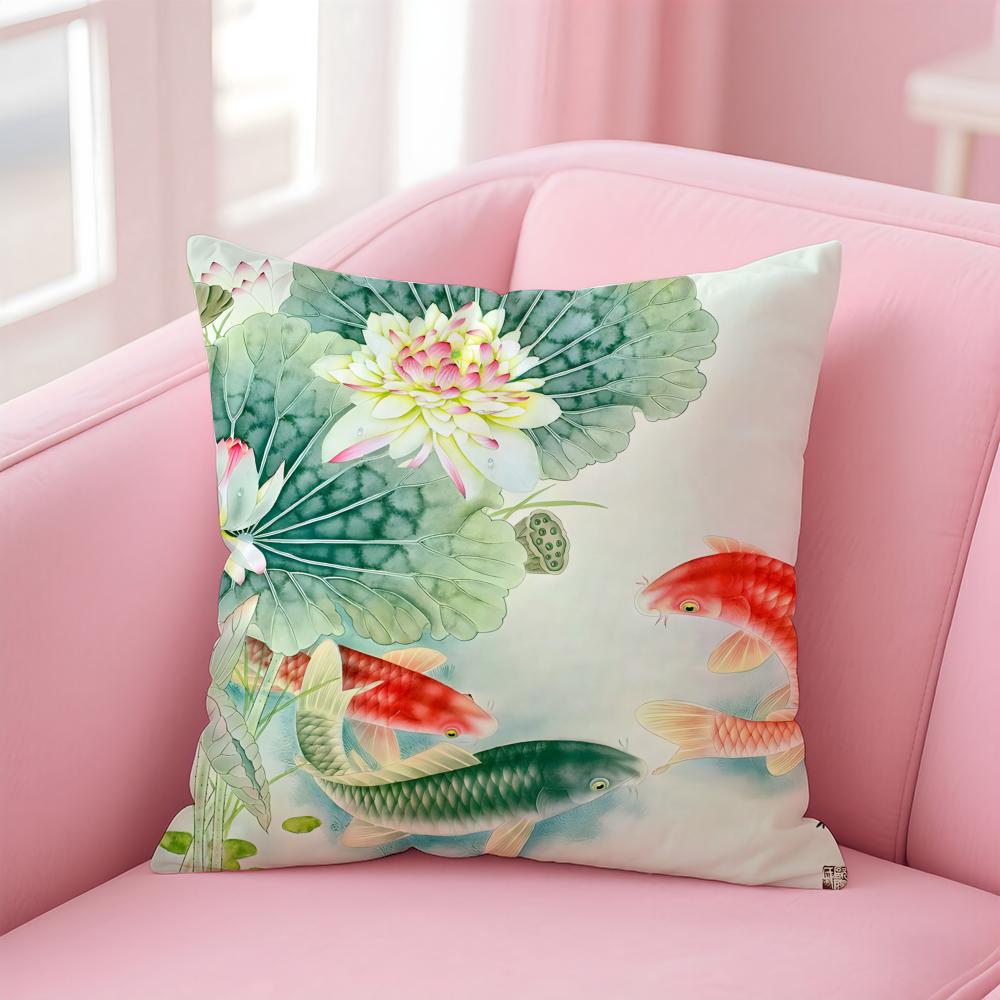 Natural Fun Koi Fish lotus Cushion Cover Pillow Case Soft Skin Friendly Fabric  Concealed Zipper
