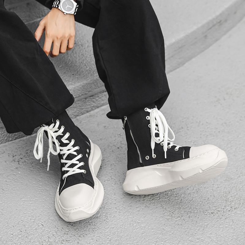 High Top Women Sneaker Quality Black Ankle Boot Brand Men Shoe Casual Fashion Zipper Metal Platform Canvas Street Shoe Men