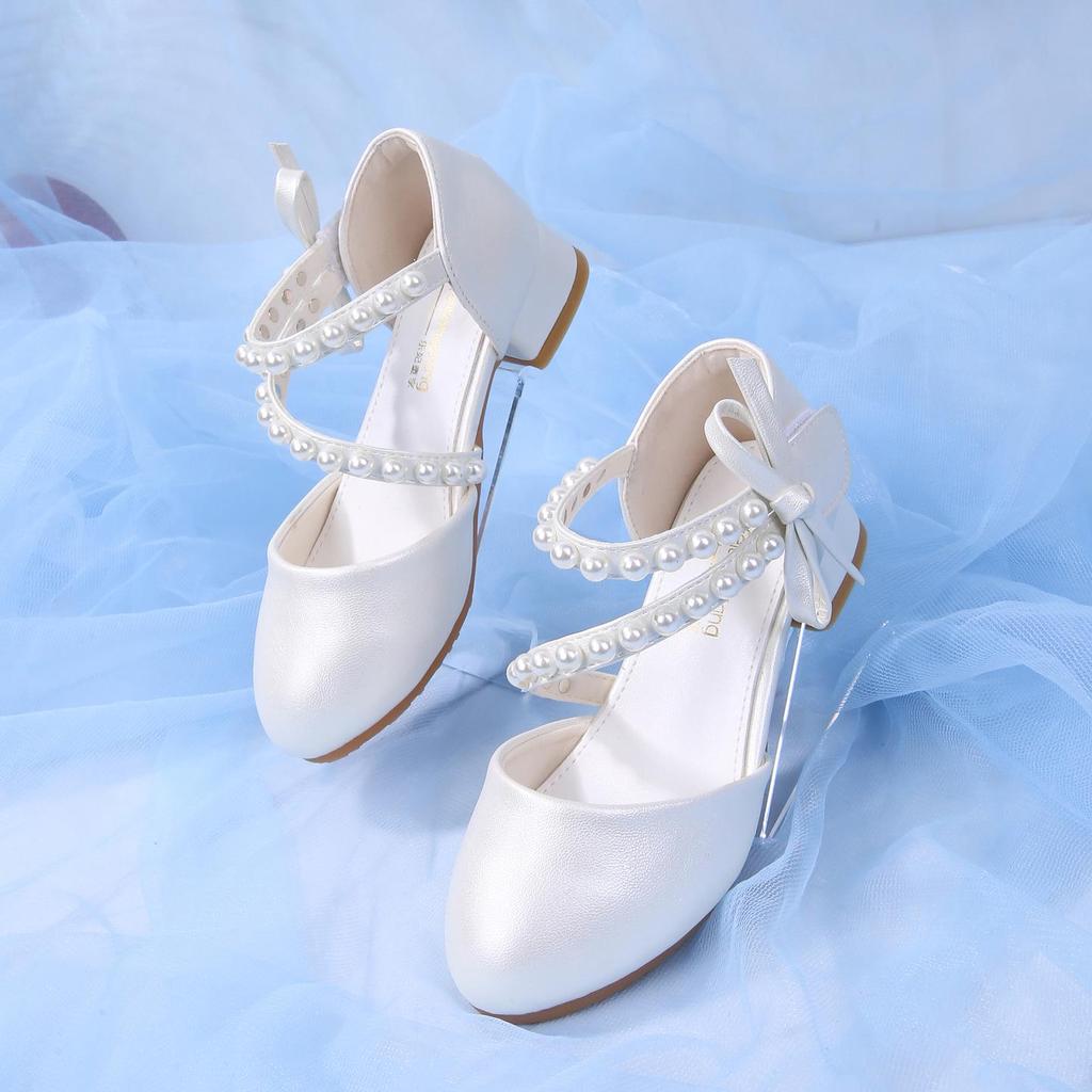 Süße Schleife Perlen Weiche Sohle Prinzessin Hoher Absatz Lederschuhe für Kinder