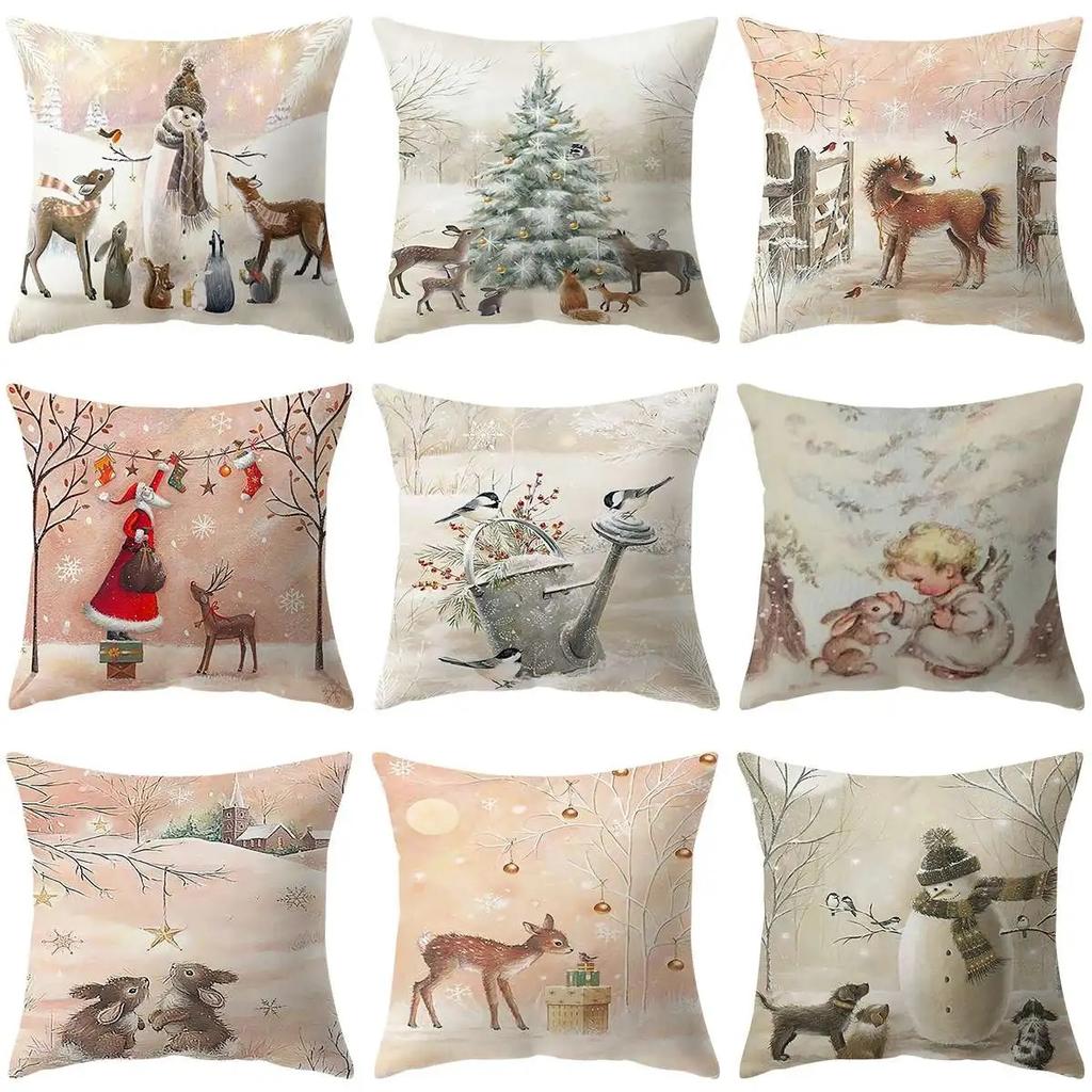 Santa Claus Christmas Tree Snow Scene Snowman Animal Deer Rabbit Bird Fox Sofa Seat Bedroom Car Office Decoration Pillowcase