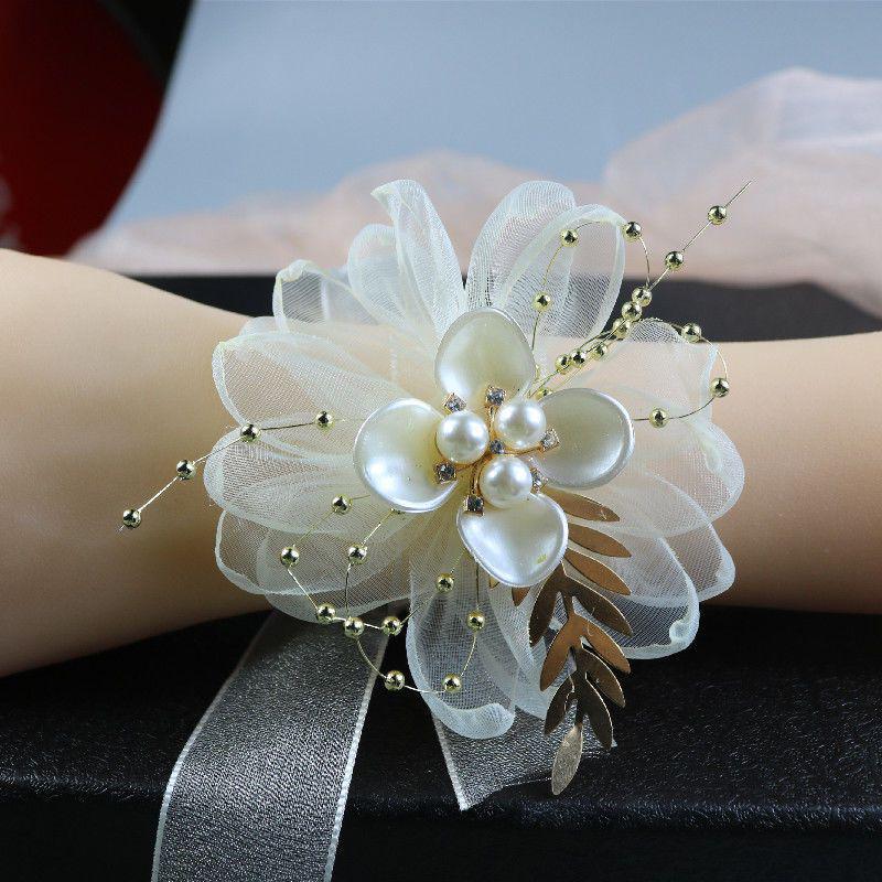 Korean Style Pearl Butterfly Wrist Corsage - Bridal & Bridesmaid Net Yarn Bracelet